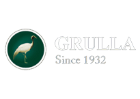 Grulla logo with white crane and text